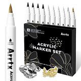 Arrtx Acrylic Paint Pens, 10 Pack Extra Brush Tip White Paint Markers Metallic for Rock Fabric Wood Glass Canvas Ceramic, 4 White 4 Black 1 Gold & 1 Arrtx