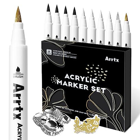 Arrtx Acrylic Paint Pens, 10 Pack Extra Brush Tip White Paint Markers Metallic for Rock Fabric Wood Glass Canvas Ceramic, 4 White 4 Black 1 Gold & 1 Arrtx