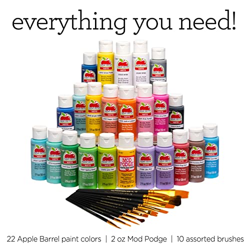 Apple Barrel Art Lessons Paint and Brush Set, 34 pc Kit Including 23 2 fl oz Apple Barrel Acrylic Paint Colors, 1 2 fl oz bottle of Mod Podge Matte, Apple Barrel