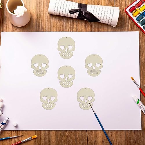 Creaides 30pcs Mini Skull Wood DIY Crafts Cutouts 2" Blank Wooden Skull Shaped Hanging Tags with Jute Twines for DIY Projects Halloween Party