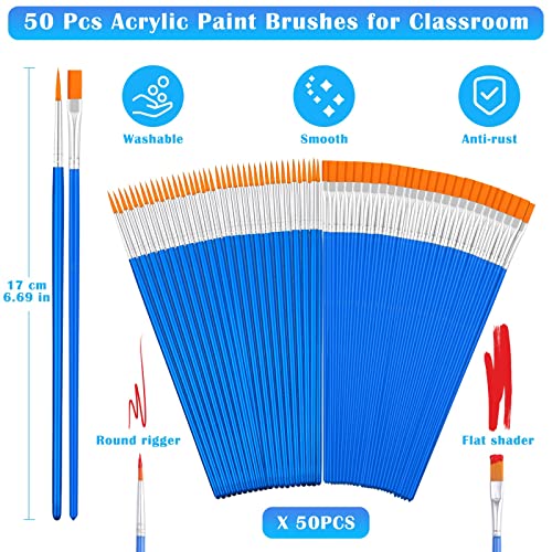 Small Paint Brushes Bulk, Anezus 50 Pcs Flat Tip Round Acrylic Paint Brushes for Kids Classroom Acrylic Watercolor Canvas Face Painting Touch Up anezus