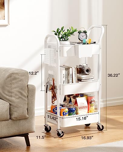 Pipishell 3-Tier Rolling Cart, Metal Utility Cart with Pegboard, Lockable Wheels & U-Shaped Handle, Storage Cart with 2 Hanging Cups & 4 Hooks for - WoodArtSupply