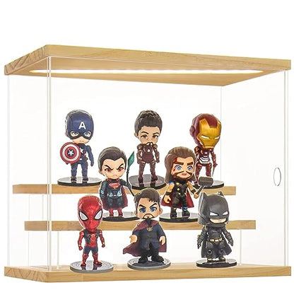Nynelly Acrylic Display Case with Light Assemble Countertop Box for Action Pop Figures, Clear Display Case Dustproof Protection for Collectibles