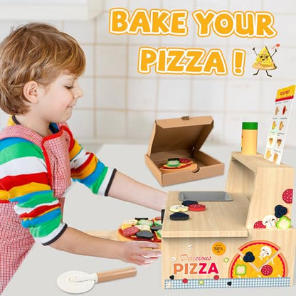 WOODMAM Wooden Pizza Toy - 48 PCS Montessori Pretend Play Food for Ages 3+, Educational Learning Toy Wooden Playset with Bake Oven, Christmas - WoodArtSupply