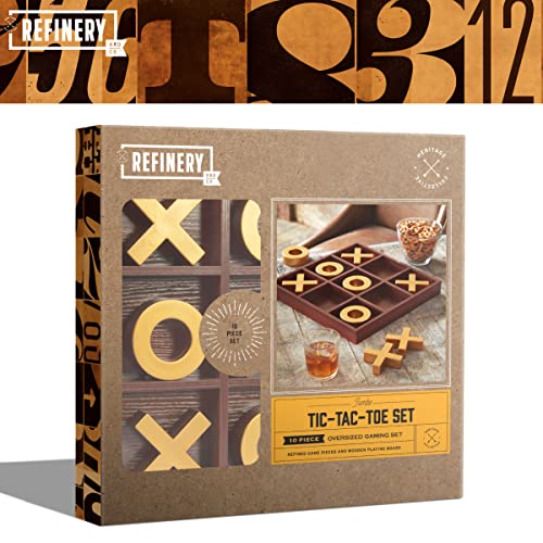 Refinery & Co. Premium Solid Wood Tic-Tac-Toe Board Game, Giant Gold 14” Coffee Table Home Decor, Classic Indoor/Outdoor Party Game for Children & Refinery
