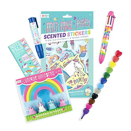 Ooly Happy Pack, 12 Crayons + Scented Erasers + Note Pals + 6 Click Pen + Clickit Eraser + Scented Stickers - Oh My! Unicorns & Mermaids - WoodArtSupply