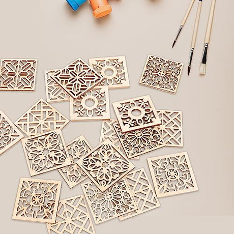 Abaodam 20pcs Unfinished Wooden Pieces Embellishments Boho Flower Wood Cutouts Shapes Wooden Craft Tags with Hemp Rope for DIY Crafts Scrapbooking Abaodam