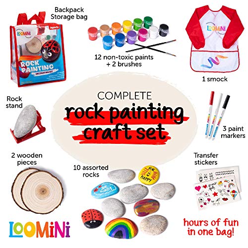 Rock Painting Kit for Kids | Arts & Craft Kits for Girls & Boys with 10 Assorted River Rocks, Acrylic Paints, Paintbrushes, Art Smock, Paint Markers,