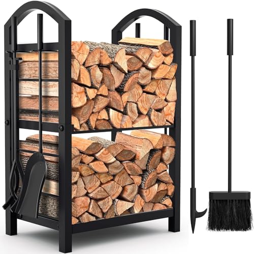 AMAGABELI GARDEN & HOME Firewood Rack Fireplace Tool Rack Indoor Wood Holders Fireplace Outdoor Log Holder Rack Lumber Storage Stacking Black Stove - WoodArtSupply