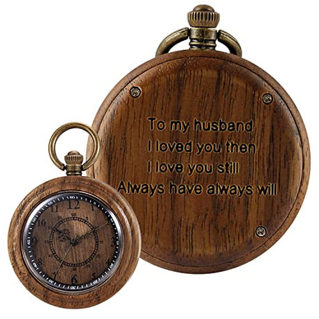 Tiong to My Husband Gifts Personalized Engraved Wood Pocket Watch for Men Husband Anniversary Christmas Birthday Wooden Quartz Pocket Watch Best Tiong