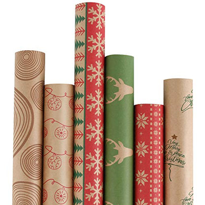 RUSPEPA Christmas Wrapping paper - Brown Kraft Paper with Red and Green Pattern For -Christmas Elements Collection-6 Roll-30Inch X 10Feet Per Roll - WoodArtSupply