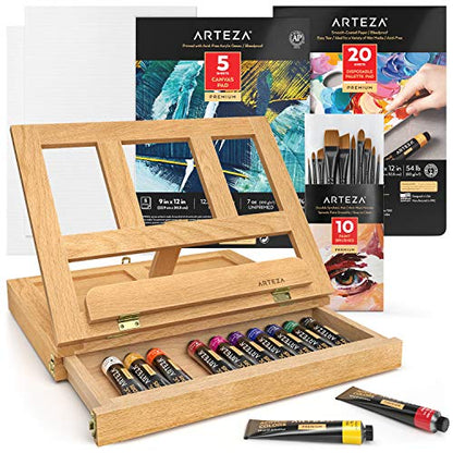 Arteza Acrylic Art Set, Includes Tabletop Easel, 12 Acrylic Paint Tubes, Palette Paper, 10 Paintbrushes, Canvas Pads & Canvas Panels, Art Supplies - WoodArtSupply