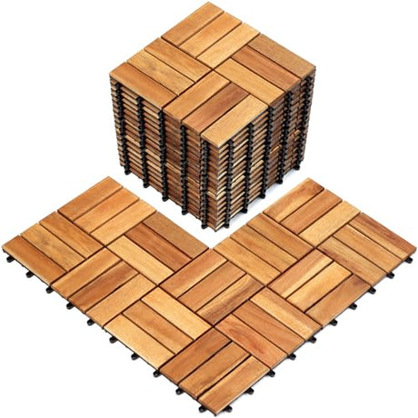 TimberWave Pack of 20 Deck Tiles, Solid Acacia Wood Floor Tiles, Patio Tiles Outdoor Interlocking Waterproof All Weather (12"x12" - 12 Slat, Golden TimberWave