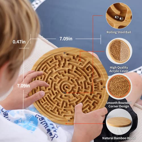 Round Wooden Labyrinth Game - Marble Maze for Education and Fun, Toddler Activity Board, Brain Teaser Puzzle Logic Game with Two Metal Balls for