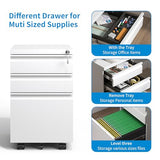 EKJ 3 Drawer Mobile File Cabinet, White Metal Under Desk Filing Cabinets with Wheels, Locking Slim Vertical File Cabinet for Home Office, Fully EKJ