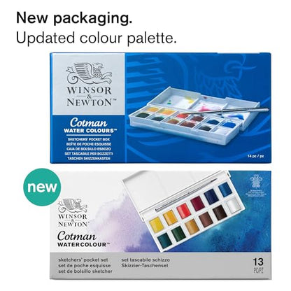 Winsor & Newton Cotman Watercolor Paint Set, Sketchers' Pocket Set, 12 Half Pans w/ Brush - WoodArtSupply