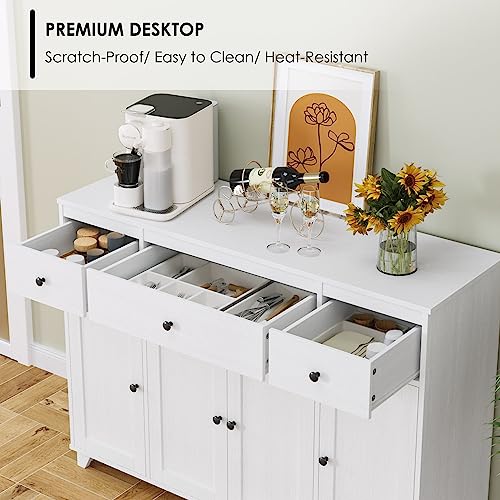 HIFIT Buffet Cabinet White Sideboard Storage Cabinet with 3 Drawers & 4 Doors Adjustable Shelves, 47” Modern Coffee Bar Cabinet, Wood Accent Cabinet HIFIT