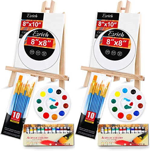 ESRICH Acrylic Paint Canvas Set,52 Piece Professional Painting Supplies Kit with 2 Wood Easel,2 * 12Colors,2 * 10 Brushes,Circular Canvas Etc,Premium