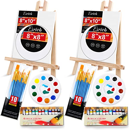 ESRICH Acrylic Paint Canvas Set,52 Piece Professional Painting Supplies Kit with 2 Wood Easel,2 * 12Colors,2 * 10 Brushes,Circular Canvas Etc,Premium - WoodArtSupply