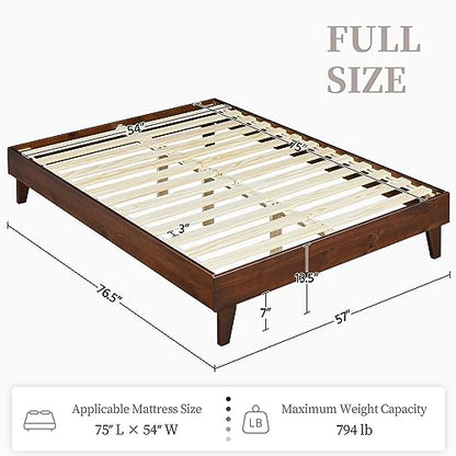 Yaheetech Full Bed Frame Deluxe Natural Solid Pine Wood Platform Bed, Reserved Holes for DIY Headboard/Wooden Slats Support/7.5 inch Clearance