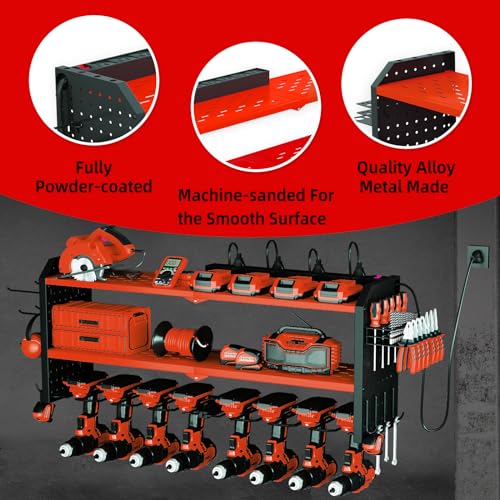 KAFAHOM Power Tool Organizer with Charging Station, Built in 8 Outlet Power Strip,Large 8 Drill Holder Wall Mount, Heavy Duty Metal Power Tool KAFAHOM