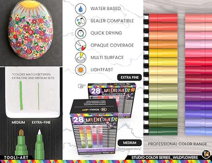 28 Wildflower Colors Acrylic Paint Pens Studio Color Series Markers Set 0.7mm Extra Fine Tip, Rock Painting, Glass, Mugs, Wood, Metal, Canvas, DIY,