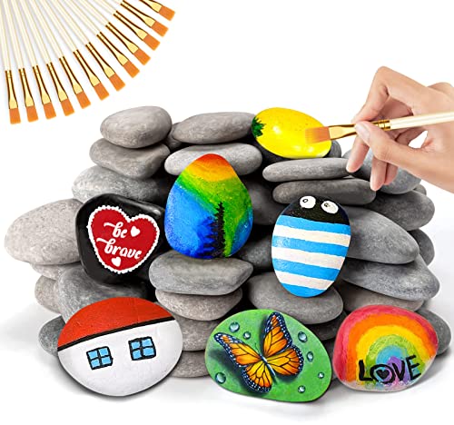 28 Pcs River Rocks for Painting, 6 Pounds 2-3inches Naturally Big Rocks to Paint, Flat Craft Painting Rocks & 12Pcs Paint Brushes, Kindness Stones