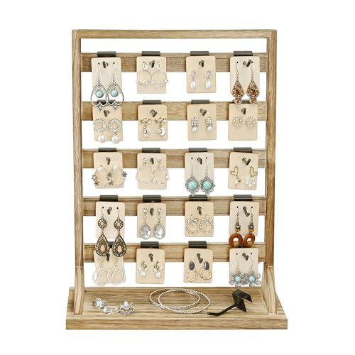 Ikee Design Wooden Jewelry Display Rack with 20 Removable Metal Hooks, Earring Card Display Holder Stand with Hooks, Earring Display Stand for