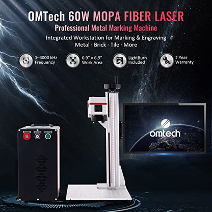 OMTech 60W MOPA Fiber Laser Marking Machine with LightBurn and Rotary Axis, Galvo Laser Engraver with 7"x7" Work Area for Color Marking, JPT Laser