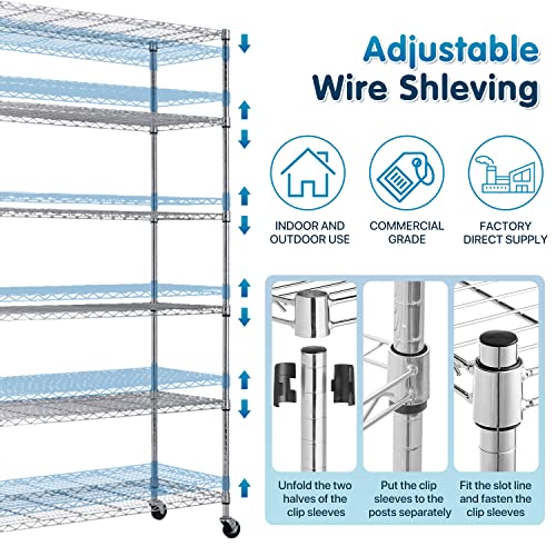 Storage Shelves Metal Shelf Wire Shelving Unit with Wheels 6 Tier NSF Certification Height Adjustable Garage Shelving Utility Steel Heavy Duty Dkeli