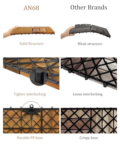 AN68 Pack of 10 Deck Tiles - 12"x12" Interlocking Natural Solid Acacia Wood for Outdoor & Indoor, Patio Garden, Balcony, Poolside - Natural Color AN68