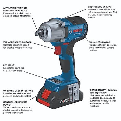 BOSCH GDS18V-330CB25 18V Brushless Connected-Ready 1/2 In. Mid-Torque Impact Wrench Kit with Friction Ring and Thru-Hole and (2) CORE18V® 4 Ah - WoodArtSupply