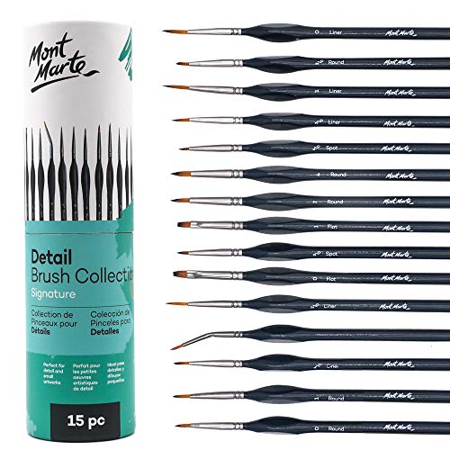 Mont Marte Signature Detail Brush Collection, 15 Piece, Taklon Bristles, Suitable for Acrylic, Oil, Watercolor and Gouache Paints, Includes Storage MONT MARTE