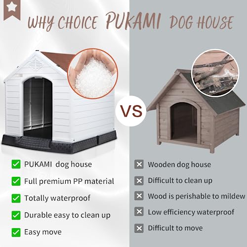 PUKAMI Plastic Dog House Outdoor Indoor,Durable Dog House for Small Medium Large Dogs,Waterproof Dog Houses with Elevated Floor and Air PUKAMI