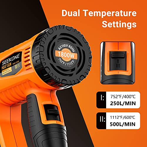 SEEKONE Heat Gun 1800W Heavy Duty Fast Heat Hot Air Gun Kit with 752℉&1112℉（400℃-600℃） Dual-Temperature Settings and 4 Nozzles with Overload - WoodArtSupply