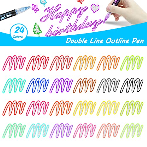 Outline Markers Self-outline Metallic Markers, 24 Colors Double Line Outline Markers, Super Squiggles Shimmer Outline Glitter Pen Set for Kid Hoxida