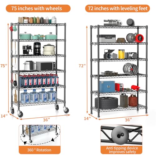 Hodonas Wire Shelving Unit with Wheels, 6-tier Metal Shelving with Adjustable Storage Shelves Freestanding Sturdy Metal Wire Storage Shelf Organizer - WoodArtSupply