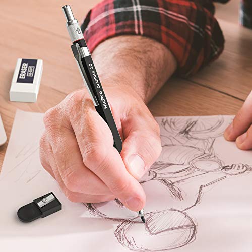 Nicpro 2mm Metal Mechanical Pencil Set, 2PCS Lead Holder 2.0 mm Marker Artist Carpenter Pencils with 120 Graphite Lead Refill (HB 2H 4H 2B 4B & Nicpro
