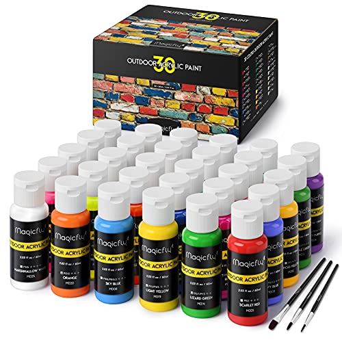 Magicfly Outdoor Acrylic Paint, Set of 30 Colors/Tubes (60 ml, 2 oz.) with Storage Box, Rich Pigments, Multi-Surface Paints for Rock, Wood, Fabric, Magicfly