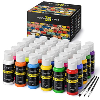 Magicfly Outdoor Acrylic Paint, Set of 30 Colors/Tubes (60 ml, 2 oz.) with Storage Box, Rich Pigments, Multi-Surface Paints for Rock, Wood, Fabric,