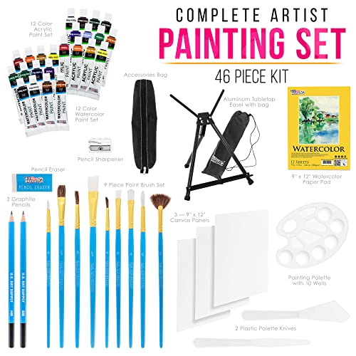 U.S. Art Supply 46-Piece Complete Artist Painting Set with Easel - 12 Acrylic & 12 Watercolor Paint Colors, Brushes, Canvas Panels, Watercolor Pad,