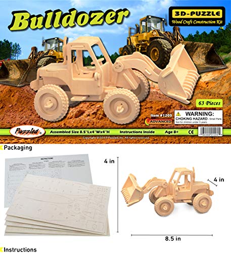 Puzzled 3D Puzzle Bulldozer Wood Craft Construction Model Kit, Fun Unique & Educational DIY Wooden Toy Assemble Model Unfinished Crafting Hobby Puzzled