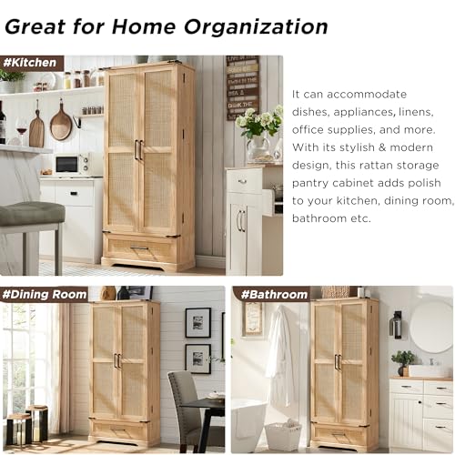 ACCOHOHO 72" Tall Rattan Kitchen Pantry Cabinet with Drawer, Boho Storage Cabinet with 2 Rattan Doors and Shelves, Versatile Large Cabinet for Dining ACCOHOHO