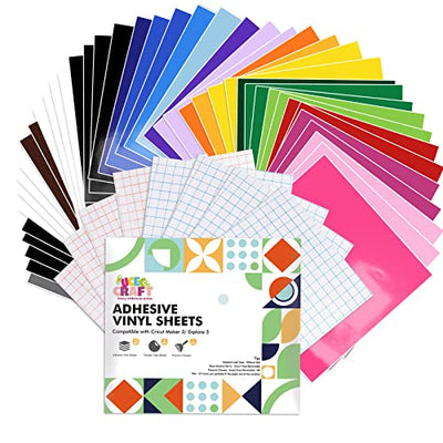 UCEC Removable Vinyl Sheets, Matless Cutting, 52 Pack, Compatible with Cricut Maker 3/Explore 3, 22 Colors, 13"x12" Self Adhesive Vinyls Sheets, for