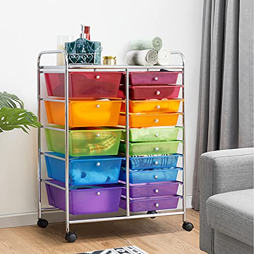 KOTEK 15-Drawer Rolling Storage Cart, Multipurpose Mobile Utility Cart with 4 Wheels, Home Office School Tools Scrapbook Paper Organizer (Multicolor) - WoodArtSupply