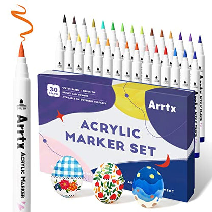 Arrtx 30 Colors Acrylic Paint Pens for Rock Painting, Extra Brush Tip, Water Based Paint Markers for Stone, Glass, Easter Egg, Wood and Fabric