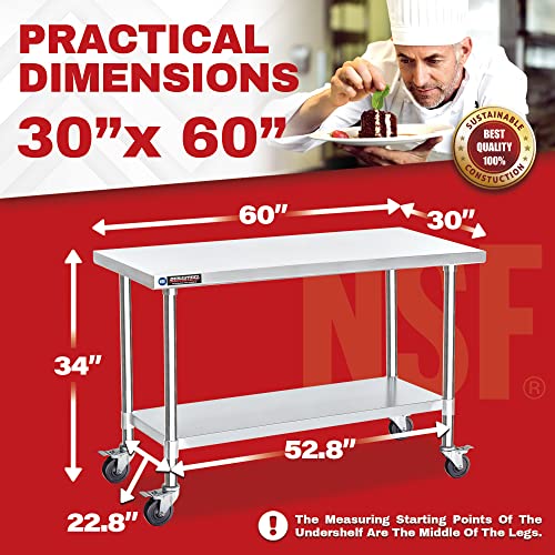 Food Prep Stainless Steel Table - DuraSteel 30 x 60 Inch Metal Table Cart - Commercial Workbench with Caster Wheel - NSF Certified - for Restaurant, DuraSteel