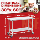 Food Prep Stainless Steel Table - DuraSteel 30 x 60 Inch Metal Table Cart - Commercial Workbench with Caster Wheel - NSF Certified - for Restaurant, DuraSteel