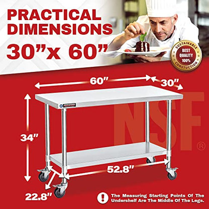 Food Prep Stainless Steel Table - DuraSteel 30 x 60 Inch Metal Table Cart - Commercial Workbench with Caster Wheel - NSF Certified - for Restaurant, - WoodArtSupply