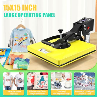 Whubefy Heat Press Machine for T-Shirts 15x15 Slide Out Drawer with Counting Function & 3 Pre-Set Modes, Pressure Knob, Digital Industrial Clamshell